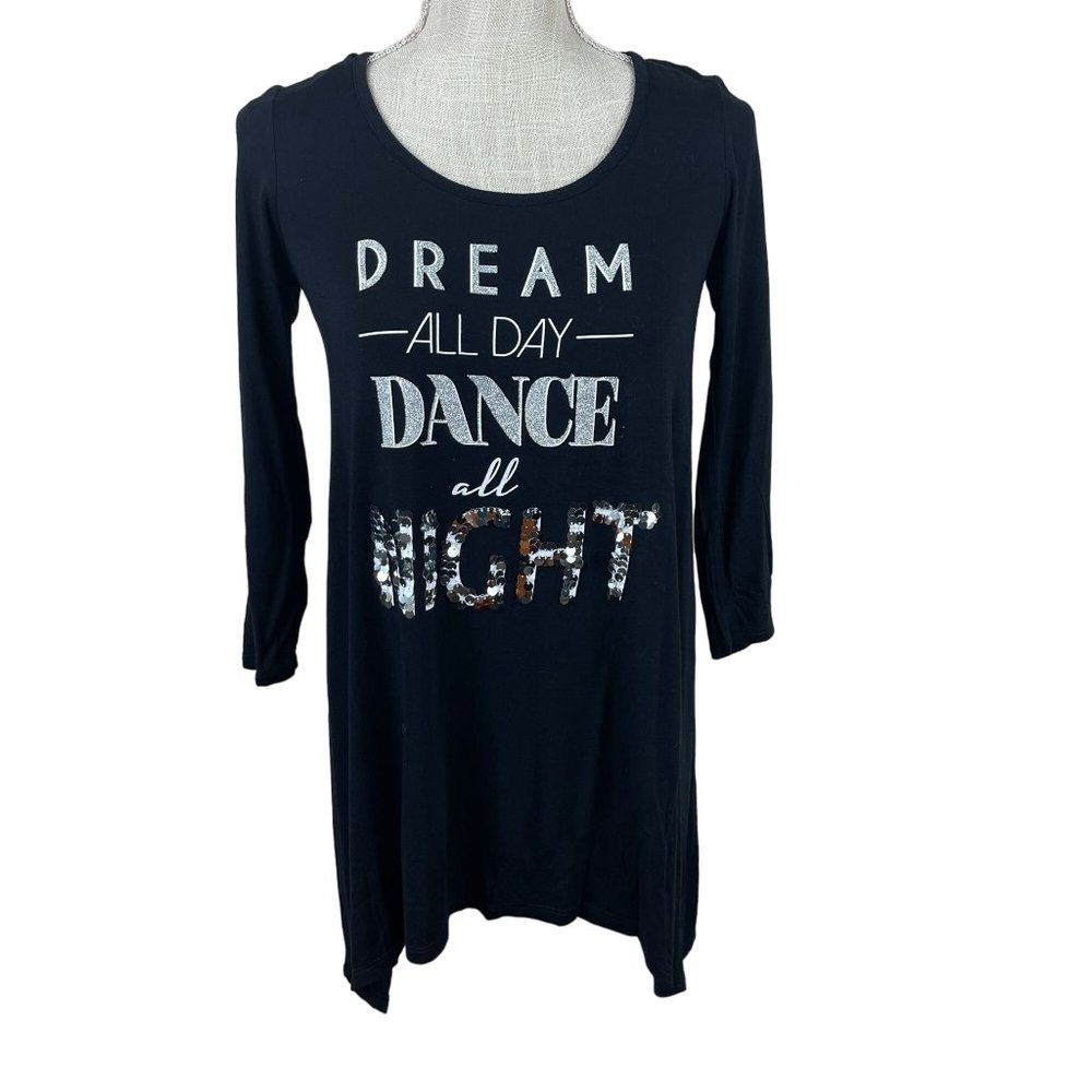 Decree Glitter Sleep Shirt‎ Womens XS Black Sequined Dance All Night 3/4 Sleeve